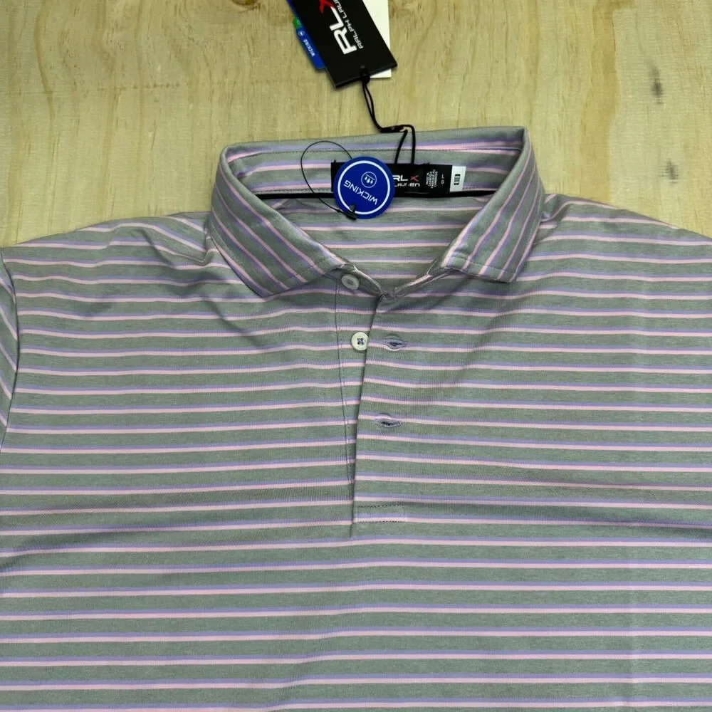 NEW Ralph Lauren RLX  Golf Polo Shirt Mens LG Striped Pink Gray Purple